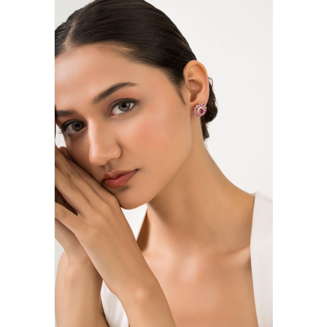 Not Yet Made - Made To Order 6.55ct Ruby Pink Sapphire & Diamond Cluster Victorian Stud Earrings in 14k Gold- A Pair For Sale - Image 5 of 14