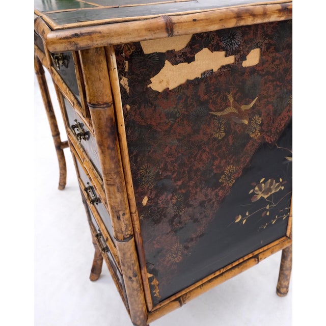 Antique Asian Oriental japaneese Burned Bamboo Hand Painted Decorated Desk Table For Sale - Image 16 of 18