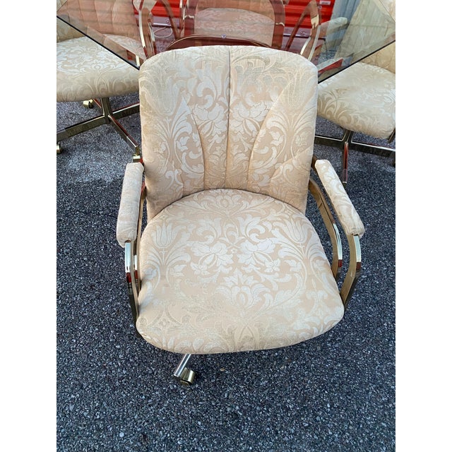 1980s Chromcraft Brass & Glass Dining Table W/4 Swivel Chairs (Set of 5) For Sale - Image 4 of 9