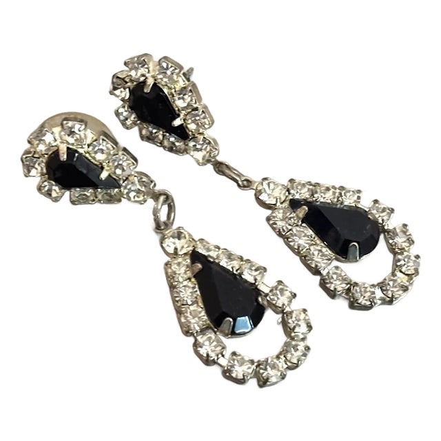 1950s-60s Faux-Sapphire Rhinestone Teardrop Earrings For Sale