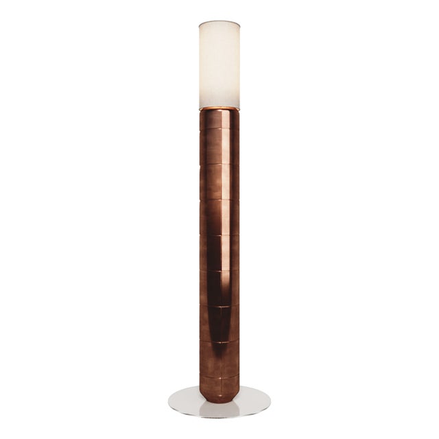 Handcrafted Ceramic Floor Lamp in with Linen Cylinder Lampshade in Polished Amber Glaze by Svitanok For Sale