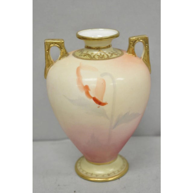 Antique Nippon Hand Painted Porcelain Small Pink Floral Vase W Gold Twin Handles For Sale - Image 9 of 12