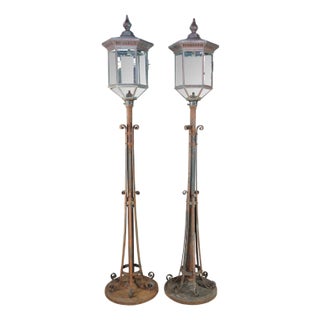Late 19th Century Monumental Antique Wrought Iron Street Lanterns Copper & Glass Post Lights 10' - a Pair For Sale