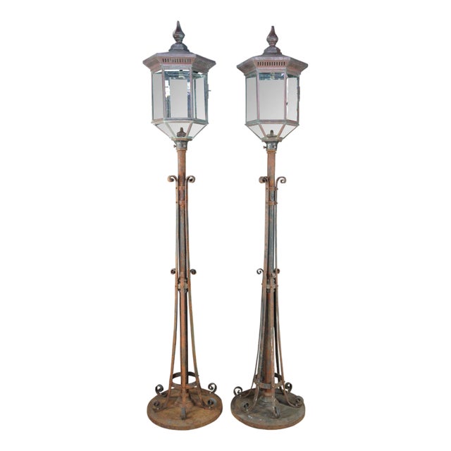 Late 19th Century Monumental Antique Wrought Iron Street Lanterns Copper & Glass Post Lights 10' - a Pair For Sale