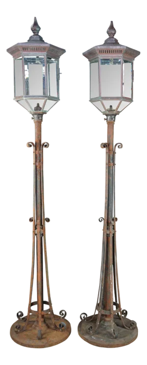 Late 19th Century Monumental Antique Wrought Iron Street Lanterns Copper & Glass Post Lights 10' - a Pair