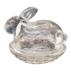 Vtg Le Smith Clear Glass Bunny Rabbit on a Nest, Covered Candy Dish 4 1/2"l