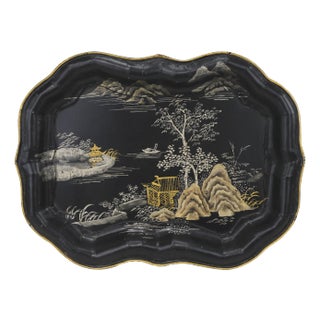 Vintage Chinoiseries Hand Painted Black Lacquer Tray With Gold Landscape Scene For Sale