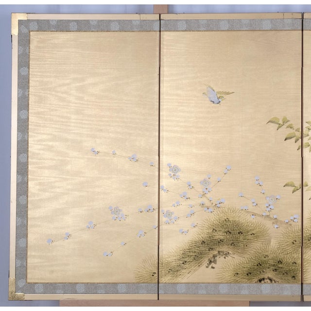 1950s Japanese Byobu "Bird in a Bamboo Forest" Hand Painted and Hand Signed 4-Panel Silk Folding Screen Excellent Front and Very Good + Back Panels For Sale - Image 4 of 11