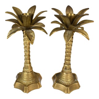 Mid 20th Century Solid Brass Palm Tree Candle Stick Holders Set- a Pair For Sale