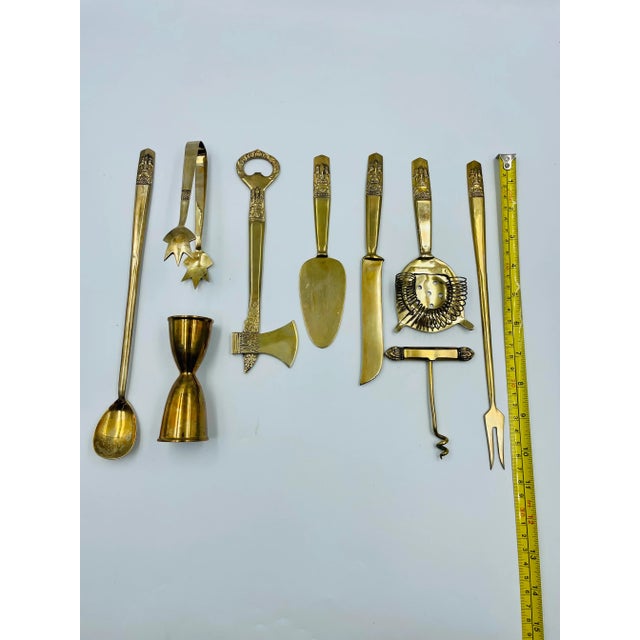 Brass Mid-Century 9-Piece Asian Brass Barstool Set in Original Custom Case For Sale - Image 8 of 13