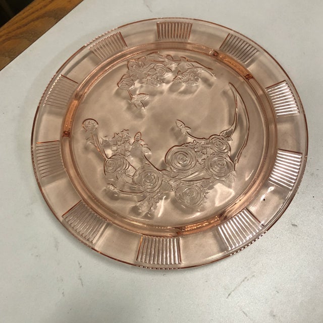 Pink Depression Period Pink Glass Roses Pattern Cake Stand For Sale - Image 8 of 8