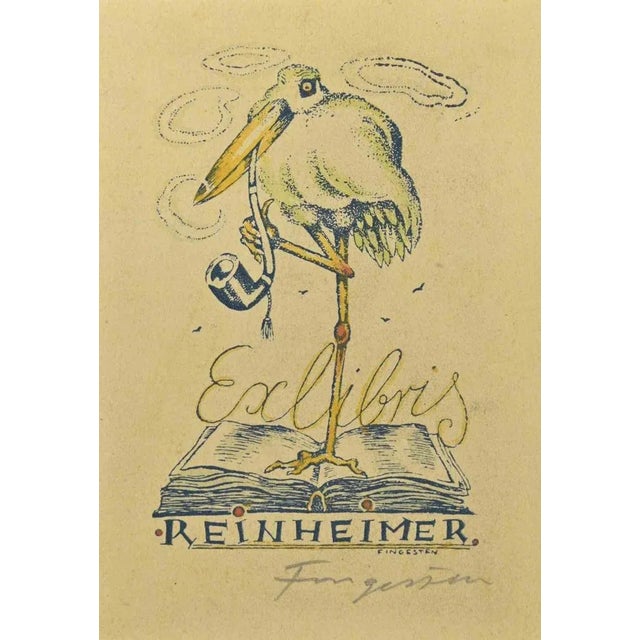 Ex Libris - Reinheimer is a colored woodcut print created by Michel Fingesten. Hand Signed on the lower right margin. Good...