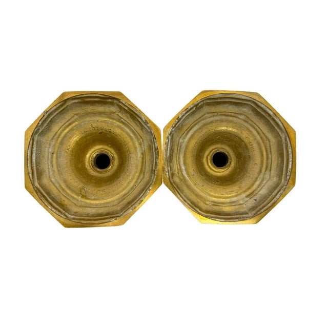 Brass Vintage Georgian Style Pair of Solid Brass 7.25” Candlesticks Octagonal Base A3. For Sale - Image 8 of 8