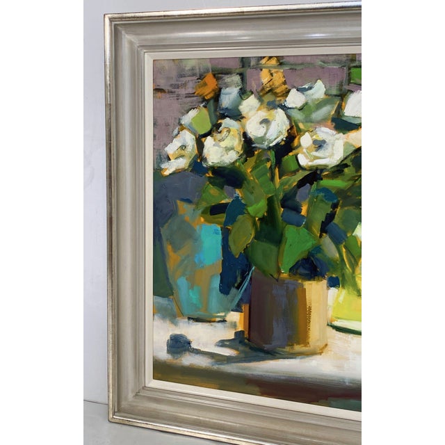 Early 21st Century Contemporary British Framed Oil Painting on Canvas (White Roses in Mustard Pot) For Sale - Image 5 of 12