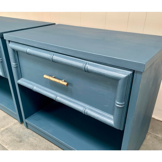 Ornamental & Decorative Materials Blue Faux Bamboo Wooden Nightstands - A Pair For Sale - Image 7 of 9