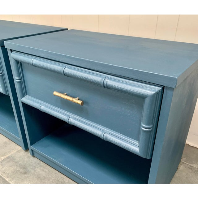 Ornamental & Decorative Materials Vintage Blue Faux Bamboo Nightstands - A Pair For Sale - Image 7 of 9