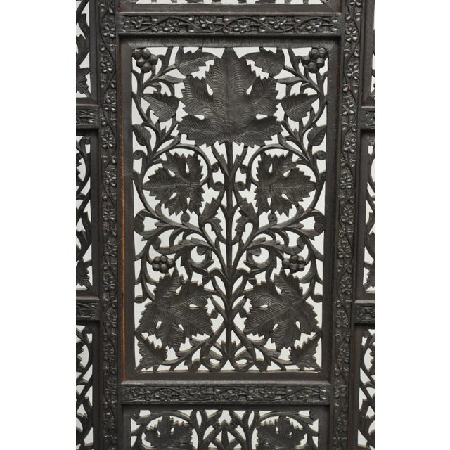 Vintage Anglo Indian Carved Teak Wood 4 Panel Room Divider Folding Screen For Sale - Image 9 of 15