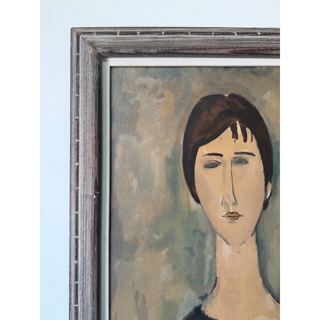 Wood 1970s Amadeo Modigliani Style Portrait Reproduction – Casein on Masonite Painting, Framed For Sale - Image 7 of 12