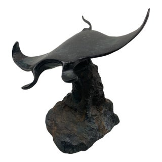 1970s Bronze, Patinated Manta Ray Sculpture on Rocky Base - attributed to Robert Wyland For Sale
