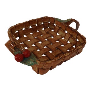 1960s French Mid-Century Majolica Basket Weave Bowl With Cherries For Sale