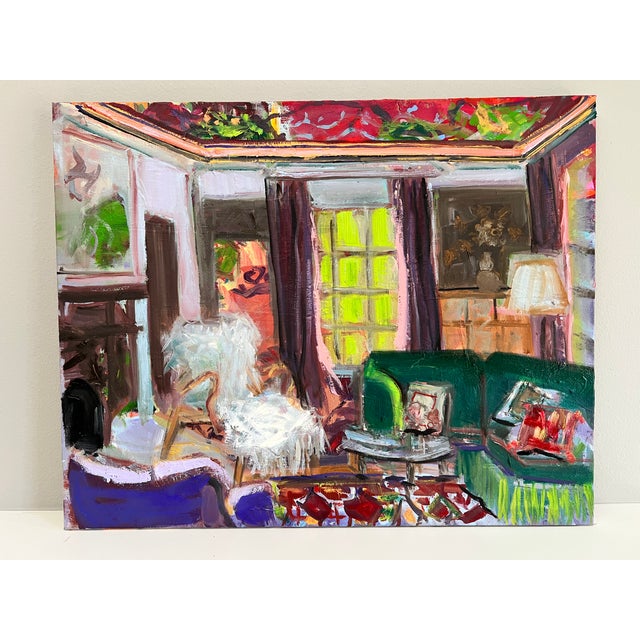 An original oil painting of an interior painted on stretched canvas. This large format piece is sold unframed, and hanging...
