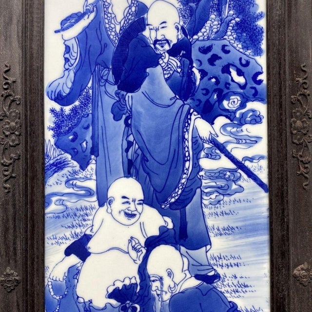 Monumental Set of 4 Antique Chinese Rosewood & Blue-and-White Porcelain Plaques Featuring the 18 Arhats For Sale - Image 10 of 10