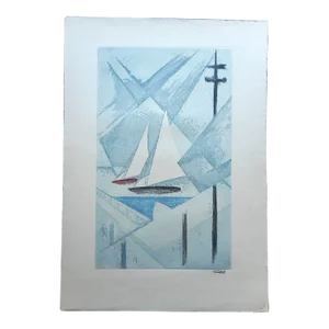 Vintage Mid 20th C. Elephant Folio Size Pencil Signed Ltd. Ed. Abstract Sailboats Etching