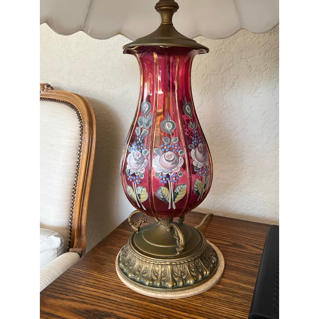 Vintage Floral Hand Painted Pink Glass Lamp For Sale - Image 4 of 6