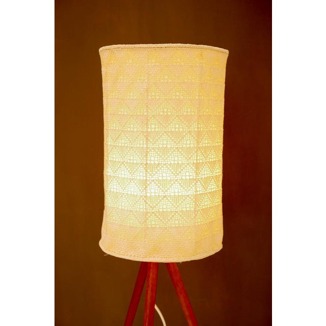 Large Scandinavian Teak Tripod Floor Lamp with Drawn Thread Embroidery Shade For Sale - Image 15 of 17