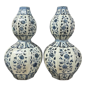 Very Large Pair of Late 20th Century Chinese Art Porcelain Blue and White Hexagonal Double Gourd Vases