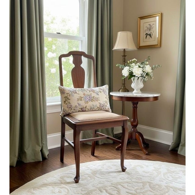 1960s Vintage Queen Anne Mahogany Side Chair, Brass Studs Beige Fabric For Sale - Image 4 of 11