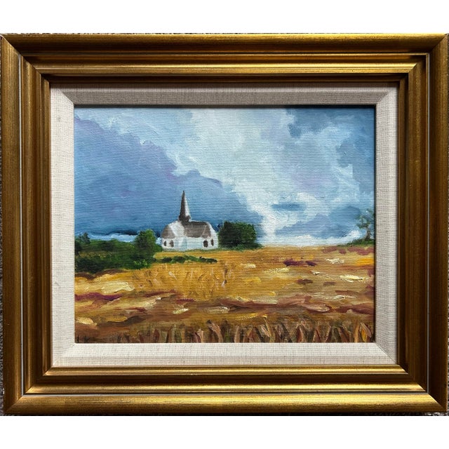 Vintage original oil painting of a New England landscape with a church. In original gilt wood frame with linen liner....
