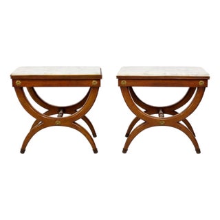 Mid-Century Neo-Classical Klismos Style Walnut & Marble Side Tables or Stools - Pair For Sale