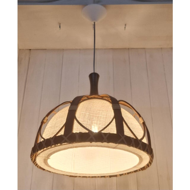 Vintage Teak and Raffia Ceiling Lamp with Beige Wool Shade, 1970s For Sale - Image 3 of 7