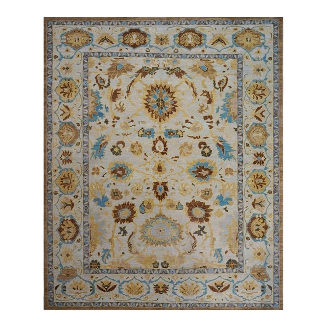 Afghan Sultanabad Wool 8x10 Blue, Ivory & Beige Handmade Area Rug #1143688 For Sale
