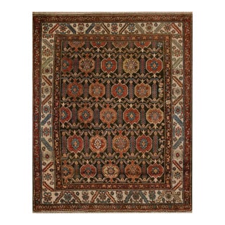 1920s Brown Geometric Tribal Antique Persian Malayer Rug 4'8" X 5'6" Handknotted Wool Carpet For Sale
