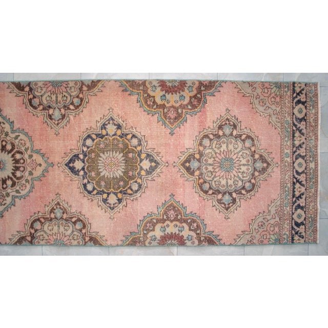 Distressed Oushak Runner Rug Faded Colors Low Pile Pink Hallway Decor - 3'1″x 12'5″ For Sale - Image 9 of 12