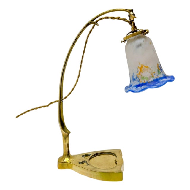 Art Nouveau Brass Table Lamp with Glass Paste Lampshade, 1920s For Sale