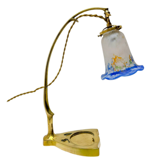 Art Nouveau Brass Table Lamp with Glass Paste Lampshade, 1920s
