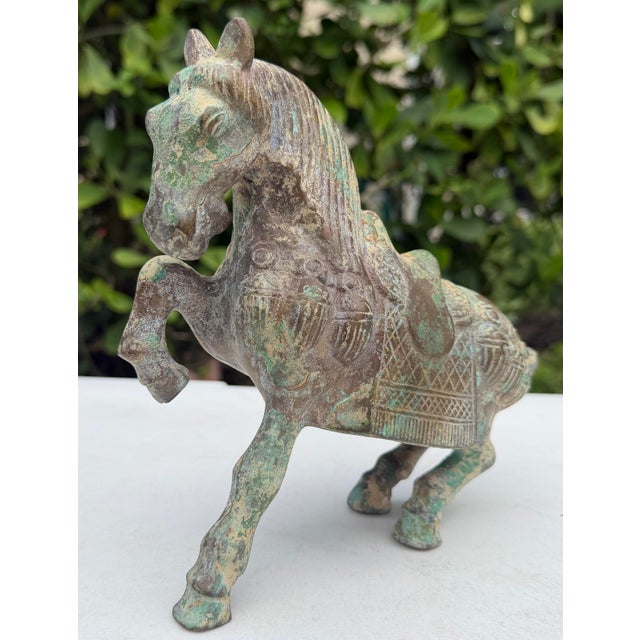Mid 20th Century Vintage Bronze Asian Horse Sculpture With Natural Verdigris Patina For Sale - Image 5 of 12