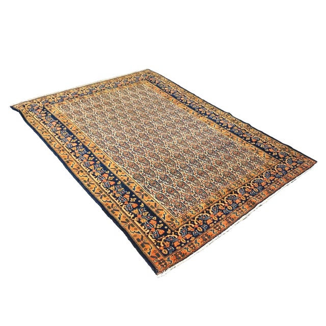 Antique Persian Senneh Wool 4x6 Navy, Gold & Orange Handmade Area Rug #1143202 For Sale In Houston - Image 6 of 8