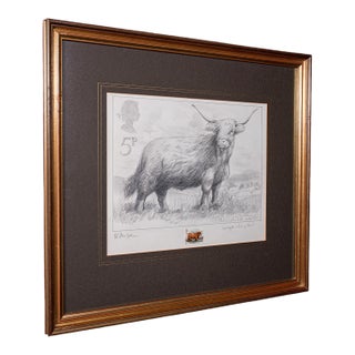 Vintage Highland Cow Artist's Proof, English, Framed, Stamp Art, Barry Driscoll For Sale