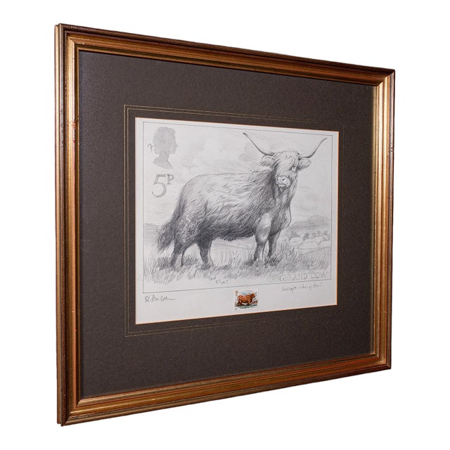 Vintage Highland Cow Artist's Proof, English, Framed, Stamp Art, Barry Driscoll For Sale