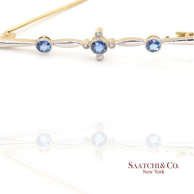 Mid 20th Century Gia 14k Yellow and White Gold Natural Sapphire Yogo Gulch and Diamond Brooch For Sale - Image 9 of 11