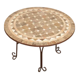 Tuscan Style Mosaic Stone & Wrought Iron Round Dining Table