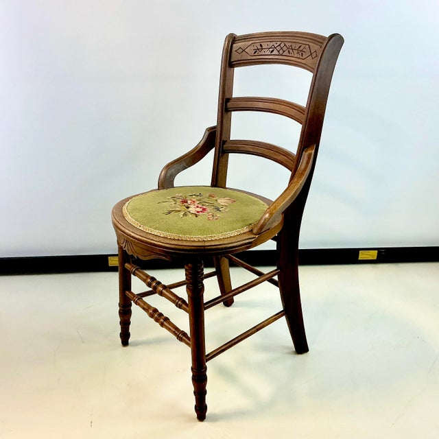 Early 1900s Antique Americana Folk Art Farmhouse Carved Walnut & Needlepoint Side Chair For Sale - Image 14 of 16