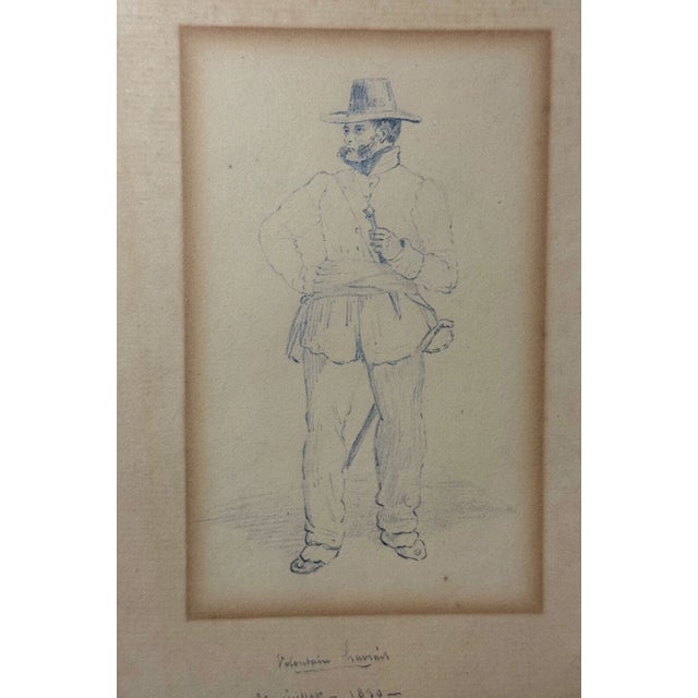 Up for sale is an exquisite antique 1830 French military portrait drawing of a man in uniform armed. This original pencil...