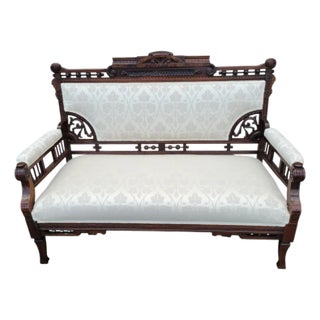 Antique 19th Century Eastlake Loveseat Refinished Walnut Victorian Upholstered Settee For Sale