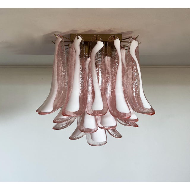 Mid-Century Modern Murano Ceiling Chandelier | 32 Pink Glass and Lattimio Petals in a Contemporary | Mid Century Style For Sale - Image 3 of 11