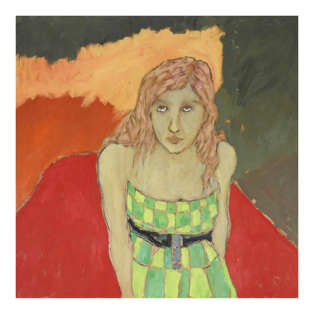 Contemporary Portrait Woman in Green Check Dress Painting For Sale